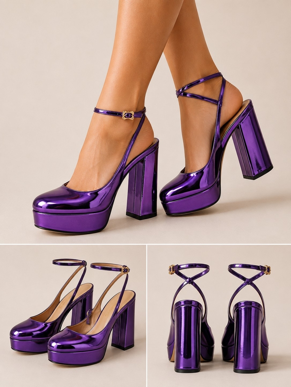 Gianvito Rossi Metallic Purple Platform Block Heel Pumps